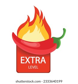 Red chili pepper pod and fire flame from behind. Extra spiciness level. Logo design for hot sauces or other spicy food.