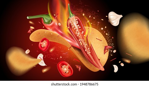 Red chili pepper with Potato chips splashing elements on solid color background, Vector realistic in 3D illustration.