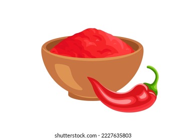 Red chili pepper powder in bowl isolated on white background. Vector cartoon flat illustration of spicy spice.