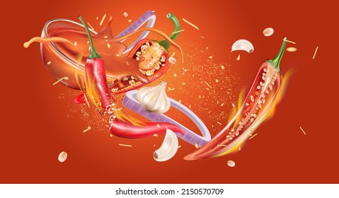 Pimienta de chile roja con elementos salpicantes de chile en polvo se aíslan sobre fondo de color sólido, Vector realista en ilustración 3D. Conceptos de comida y bebida.