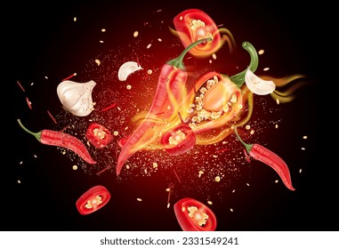 Pimienta de chile roja con elementos salpicantes en polvo de chile aislados en el fondo negro, Vector realista en la ilustración 3D.