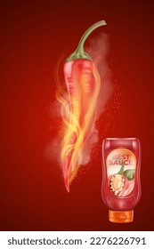 Botella de salsa de pimienta roja con chile, elementos en polvo de especias en Fuego con fondo de color oscuro, Vector realista en ilustración 3D.