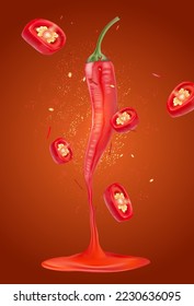 Red chili pepper sauce with chili melting elements isolated on dark color background, Vector realistic in 3D illustration.