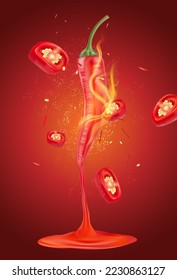 Salsa de pimienta roja con elementos chile salpicando aislados en el fondo de color oscuro, Vector realista en la ilustración 3D.