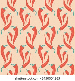 Red chili pepper seamless pattern. Mexican food symbol repeat background. Hot vegetable endless cover. Vector flat hand drawn illustration.