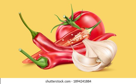 Red chili pepper set with chili elements isolated on solid color background, Vector realistic in 3D illustration.