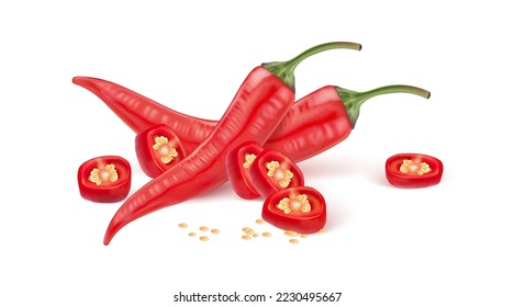 Red chili pepper set with ripe chili splashing elements isolated on white background, Vector realistic in 3D illustration. Top view.