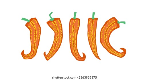 Un juego de pimienta de chile rojo. Ingredientes picantes, chilly mexicano, paprika. Ilustraciones de vectores de dibujos animados para la alimentación, la cocina, el concepto de verduras