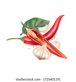Red chili pepper with chili slice, garlic isolated on white background, Vector realistic in 3D illustration.