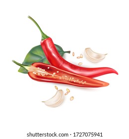 Red chili pepper with chili slice and garlic elements isolated on white background. Vector realistic in 3D illustration.