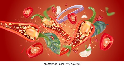Pimienta de chile roja con trozo de ají, ajo, elementos salpicantes de hojas aislados en un fondo de color sólido, Vector realista en ilustración 3D. Ver desde arriba.