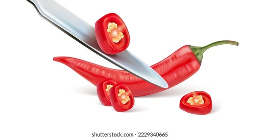 Red chili pepper slice with chili of pieces elements isolated on white background, Vector realistic in 3D illustration.