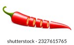 Red chili pepper with sliced. Hot pepper isolated on white . Cayenne pepper. Piece, pieces with seeds, circles, chopped pepper with seeds. Realistic 3d vector illustration