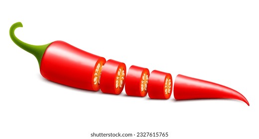 Red chili pepper with sliced. Hot pepper isolated on white . Cayenne pepper. Piece, pieces with seeds, circles, chopped pepper with seeds. Realistic 3d vector illustration