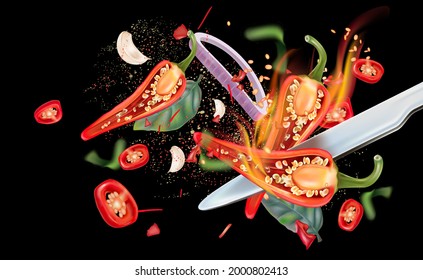 Red chili pepper with chili slices splashing elements isolated on dark color background, Vector realistic in 3D illustration.
