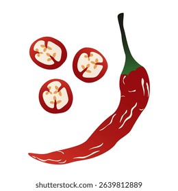 Red chili pepper. Spicy fresh cayenne pods, whole and chopped hot seasoning, mexican organic capsicum vegetables healthy food concept. Vector cartoon illustration.