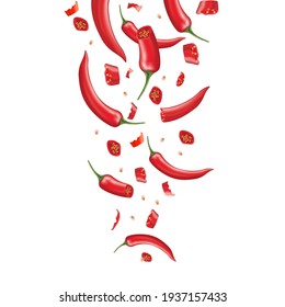 Red Chili Pepper Spicy Hot Splashing On White Background. Cayenne Spice Powder Mixed With Food. Vector Realistic In 3D Illustration.