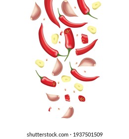 Red chili pepper spicy hot and garlic splashing on white background. Cayenne spice powder mixed with food. Vector realistic in 3D illustration.
