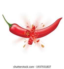 Red chili pepper spicy hot splashing on white background. Cayenne spice powder mixed with food. Vector realistic in 3D illustration.