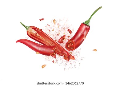 Red chili pepper with chili splashing elements ads isolated on white background, Vector realistic in 3D illustration.