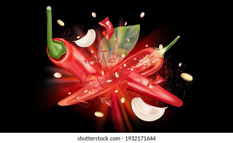 Red chili pepper with chili splashing elements ads isolated on solid color background, Vector realistic in 3D illustration.