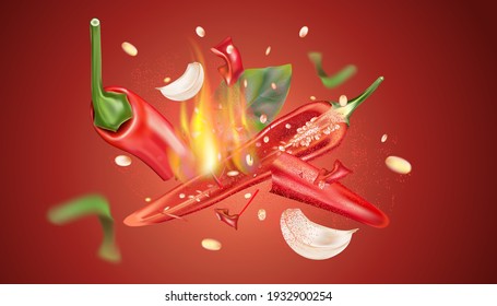 Red chili pepper with chili splashing elements ads isolated on solid color background, Vector realistic in 3D illustration.