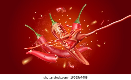 Red chili pepper with chili splashing elements ads isolated on solid color background, Vector realistic in 3D illustration.