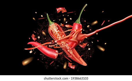 Red chili pepper with chili splashing elements ads isolated on solid color background, Vector realistic in 3D illustration.