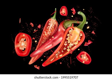 Red chili pepper with chili splashing elements isolated on dark color background, Vector realistic in 3D illustration.