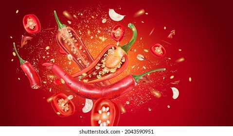 Red chili pepper with chili splashing elements isolated on dark color background, Vector realistic in 3D illustration.