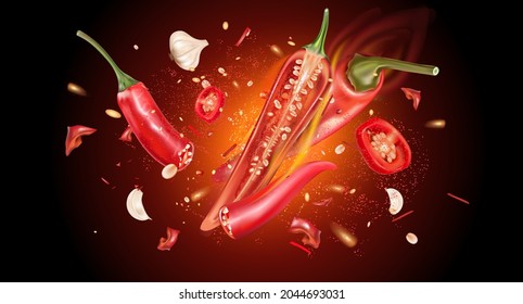 Red chili pepper with chili splashing elements ads isolated on solid color background, Vector realistic in 3D illustration.