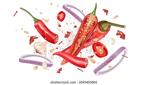 Red chili pepper with chili splashing elements ads isolated on white background, Vector realistic in 3D illustration.