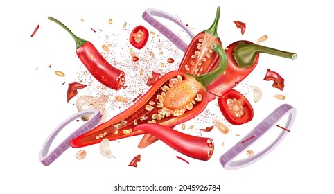 Red chili pepper with chili splashing elements ads isolated on white background, Vector realistic in 3D illustration.