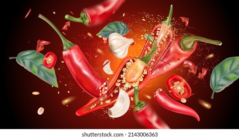 Red chili pepper with chili splashing elements ads isolated on solid color background, Vector realistic in 3D illustration. Food and Drink concepts.