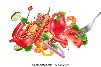 Red chili pepper with chili splashing elements ads isolated on white background, Vector realistic in 3D illustration.