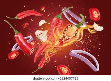 Red chili pepper with chili splashing elements on solid color background, Vector realistic in 3D illustration.