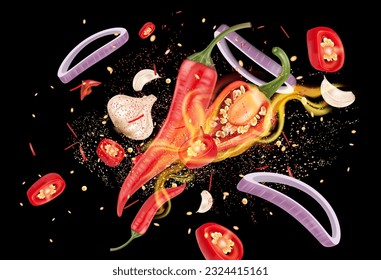 Red chili pepper with chili splashing elements on black color background, Vector realistic in 3D illustration.