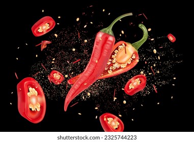 Rote Chilischoten mit Chilischoten, Anzeigen einzeln auf schwarzem Hintergrund, Vektor realistisch in 3D-Illustration.