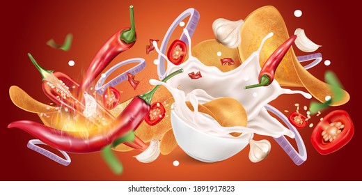 Red chili pepper with chili splashing and Mayonnaise sauce elements isolated on black background, Vector realistic in 3D illustration.