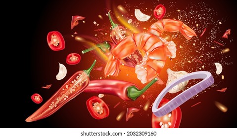 Red chili pepper with chili splashing and shrimp elements ads isolated on solid color background, Vector realistic in 3D illustration.