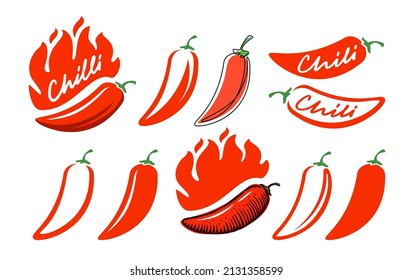 Red chili pepper symbol set. Hot flavor symbol. Vector illustration