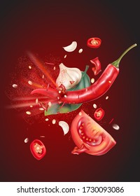 Red chili pepper with chili, tomato splashing elements ads isolated on solid color background. Vector realistic in 3D illustration.