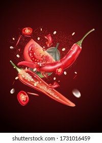 Red chili pepper with chili and tomatoes explosion elements on solid color background. Vector realistic in 3D illustration.