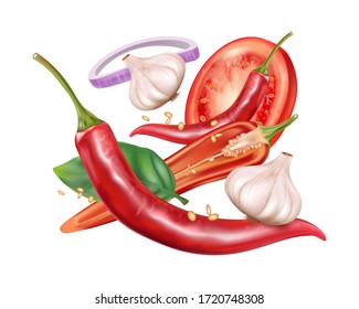 Red chili pepper with chili, tomatoes, garlic elements isolated on white background. Vector realistic in 3D illustration.