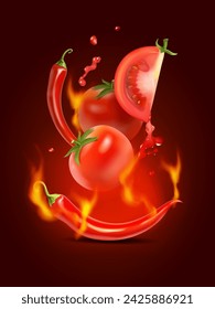 Red chili pepper with chili and tomatoes on fire. Spicy chili sauce Vector realistic 3D illustration.