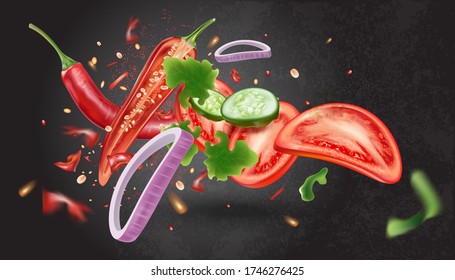 Red chili pepper with chili, tomatoes, onion splashing elements on dark color background, Vector realistic in 3D illustration.