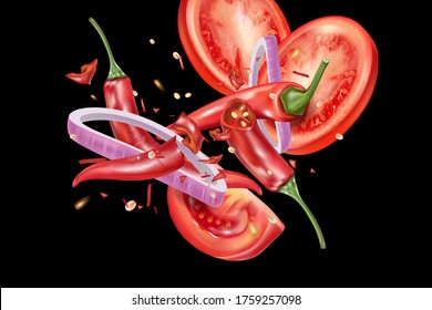 Red chili pepper with chili and tomatoes slice splashing elements ads isolated on solid color background, Vector realistic in 3D illustration.