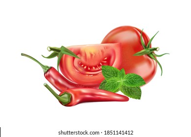 Red chili pepper with tomatoes slice elements isolated on white background, Vector realistic in 3D illustration.