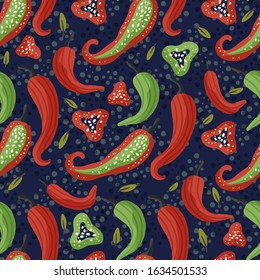 Red chili pepper vector flat seamless pattern. Hot spicy food vegan cartoon illustration. Mexican jalapeno spice.