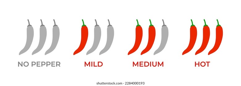 Red chili pepper vector icon set. Chili level symbol mild, spicy and hot. Chili, jalapeno, tabasco pepper logo